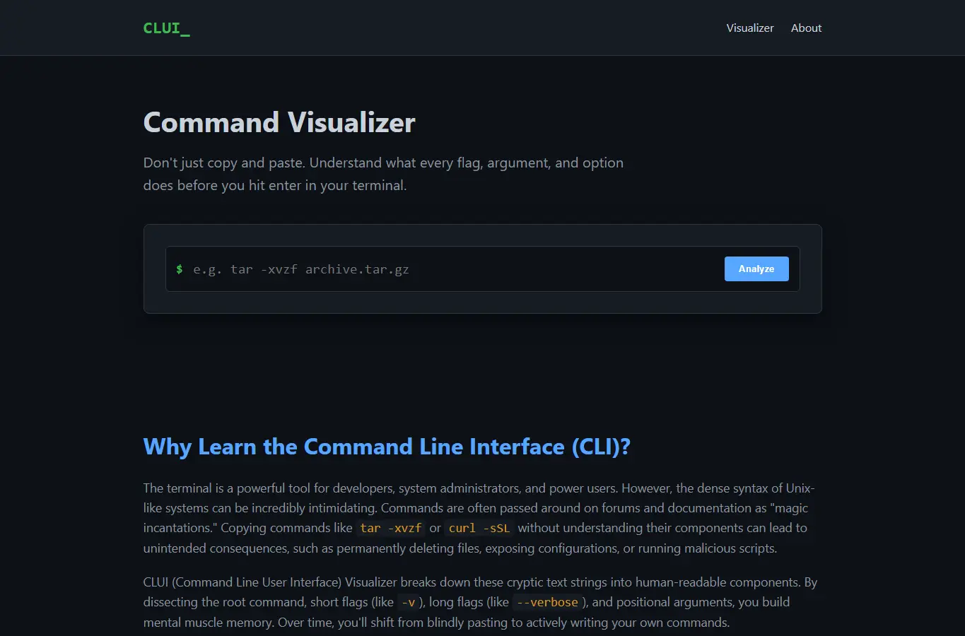 Screenshot of CLUI: Command Visualizer interface showing the project page in use